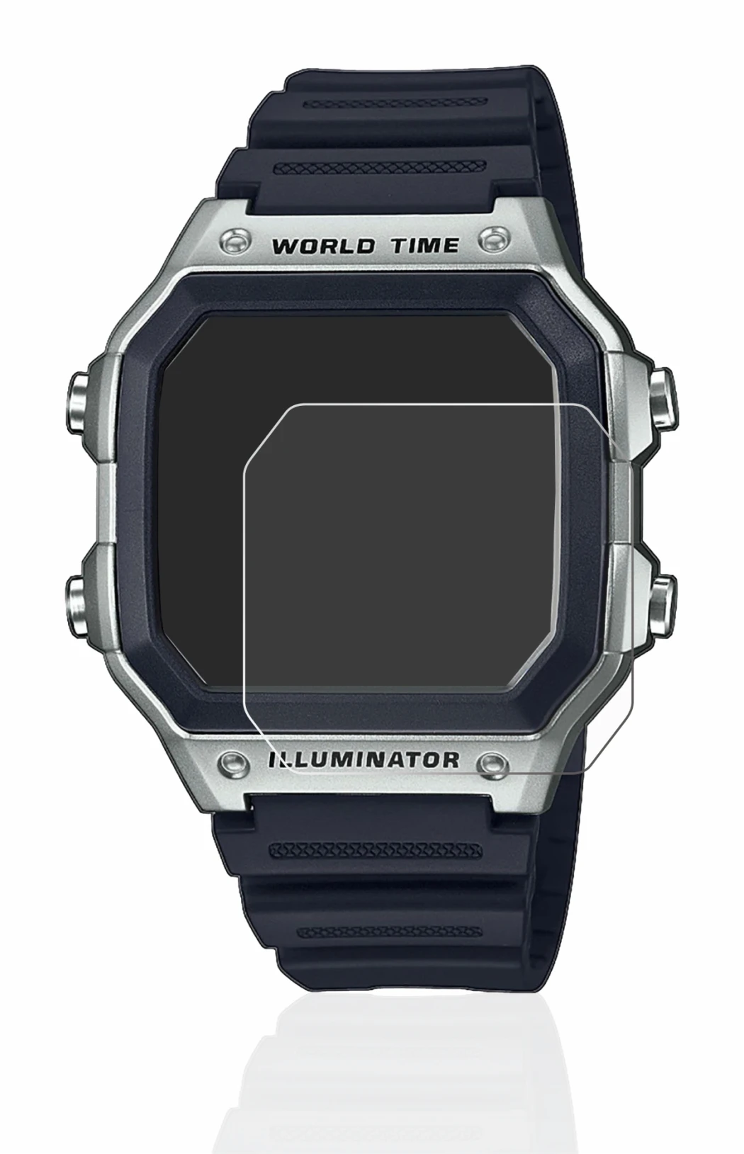 Abbildung des Geräts Casio AE-1200WH mit einer Vielzahl des Displayschutzes.