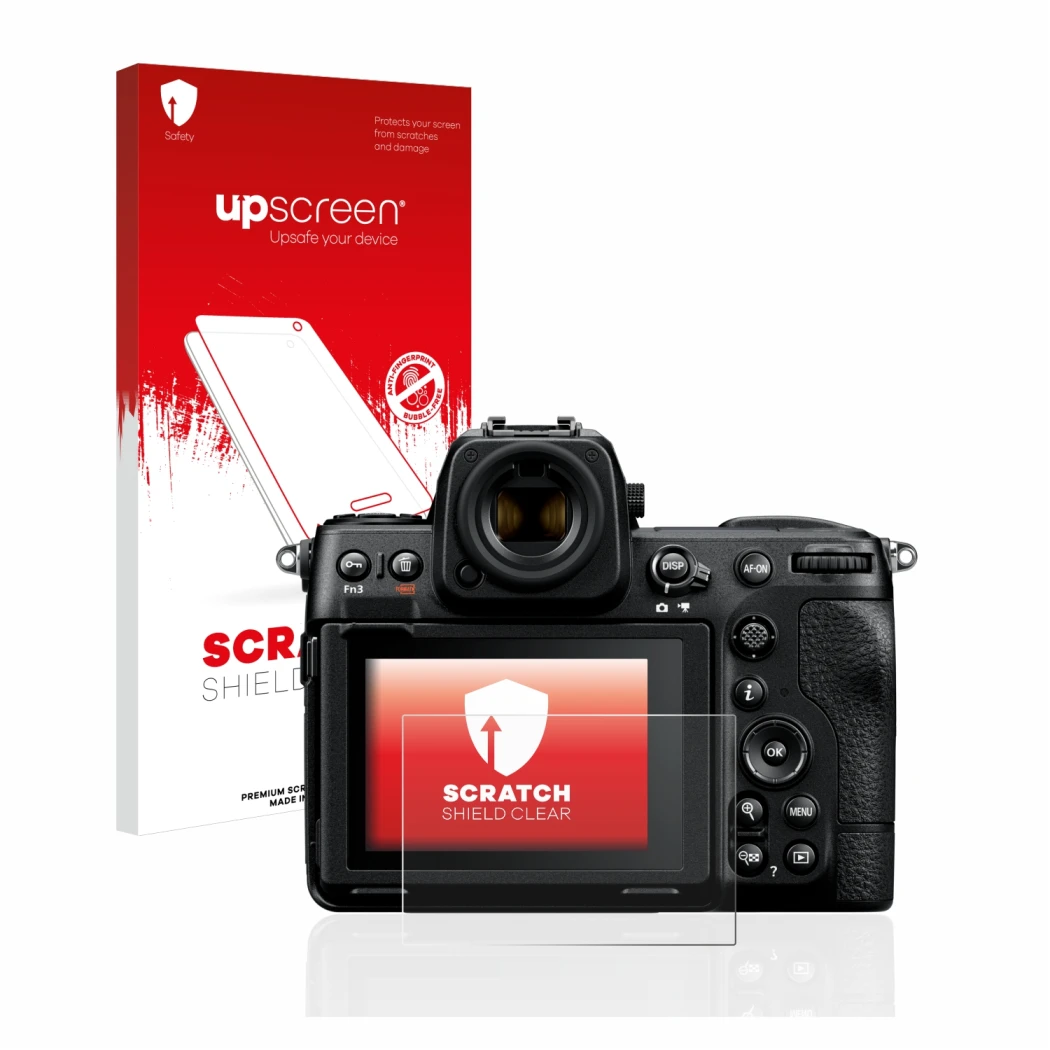 Vorderseite einer Produktverpackung mit dem Markenlogo upscreen. Daneben ist das Gerät Nikon Z 8 mit dem zugehörigen Displaysc