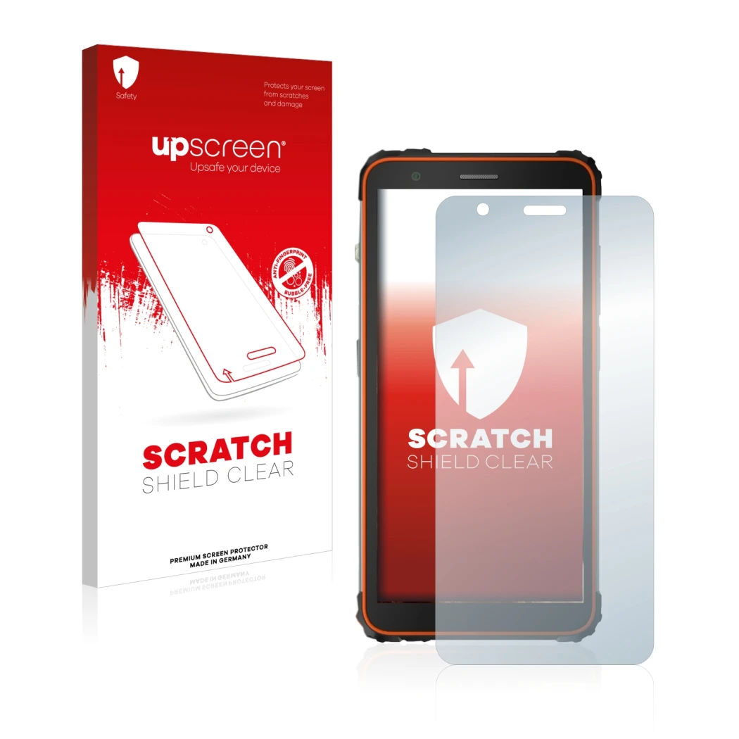 Vorderseite einer Produktverpackung mit dem Markenlogo upscreen. Daneben ist das Gerät Blackview BV6600 mit dem zugehörigen Di