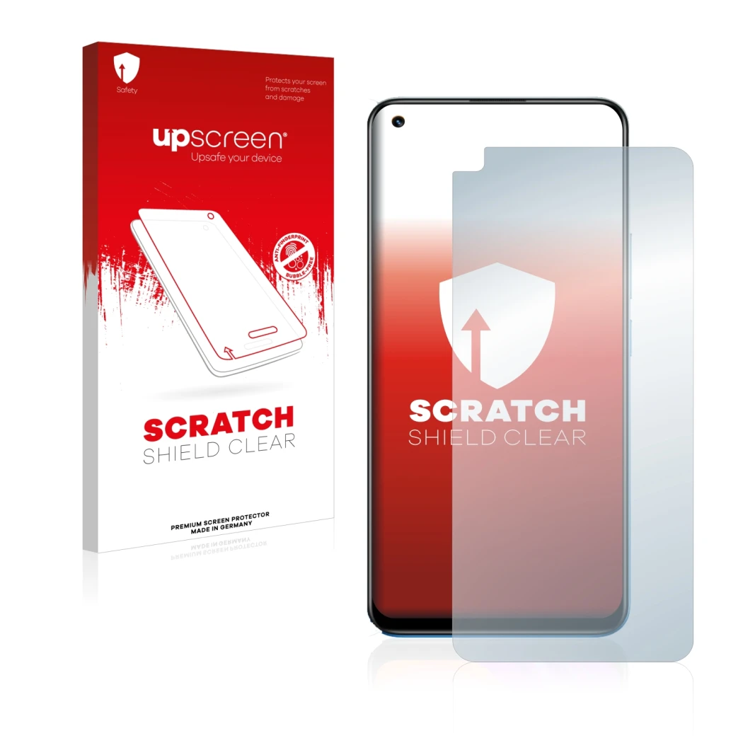 Vorderseite einer Produktverpackung mit dem Markenlogo upscreen. Daneben ist das Gerät realme 8 Pro mit dem zugehörigen Displa
