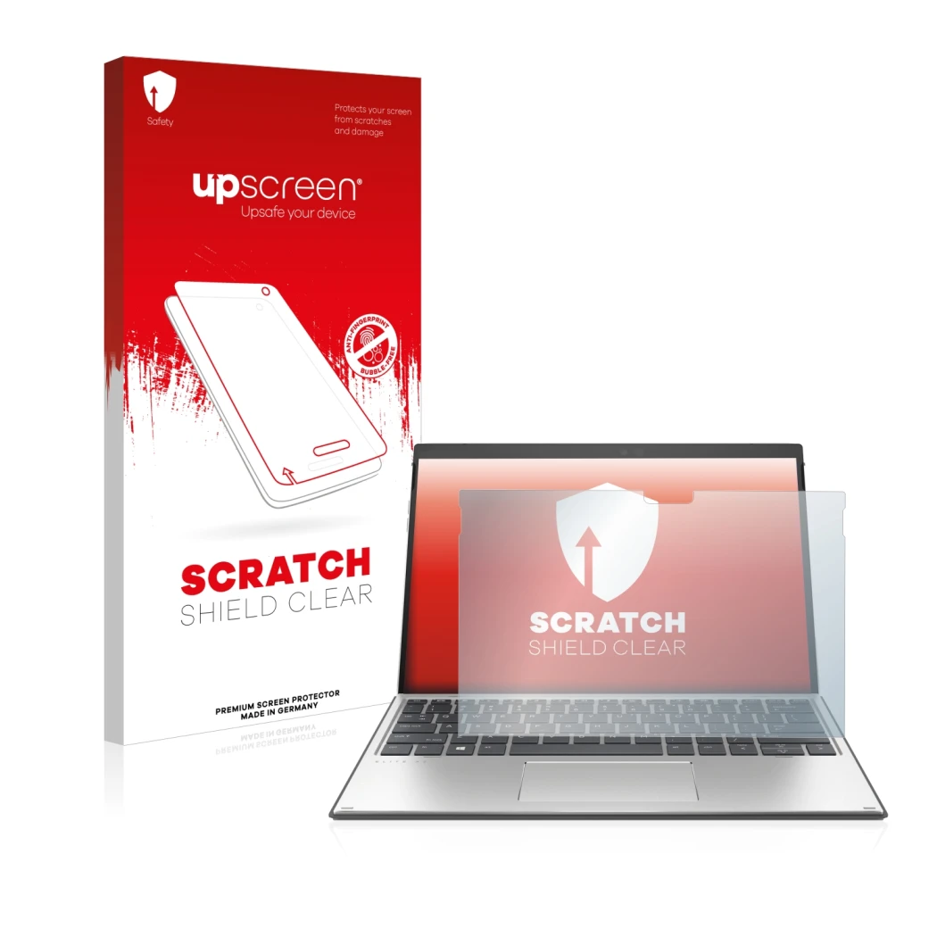 Vorderseite einer Produktverpackung mit dem Markenlogo upscreen. Daneben ist das Gerät HP Elite x2 G8 mit dem zugehörigen Disp