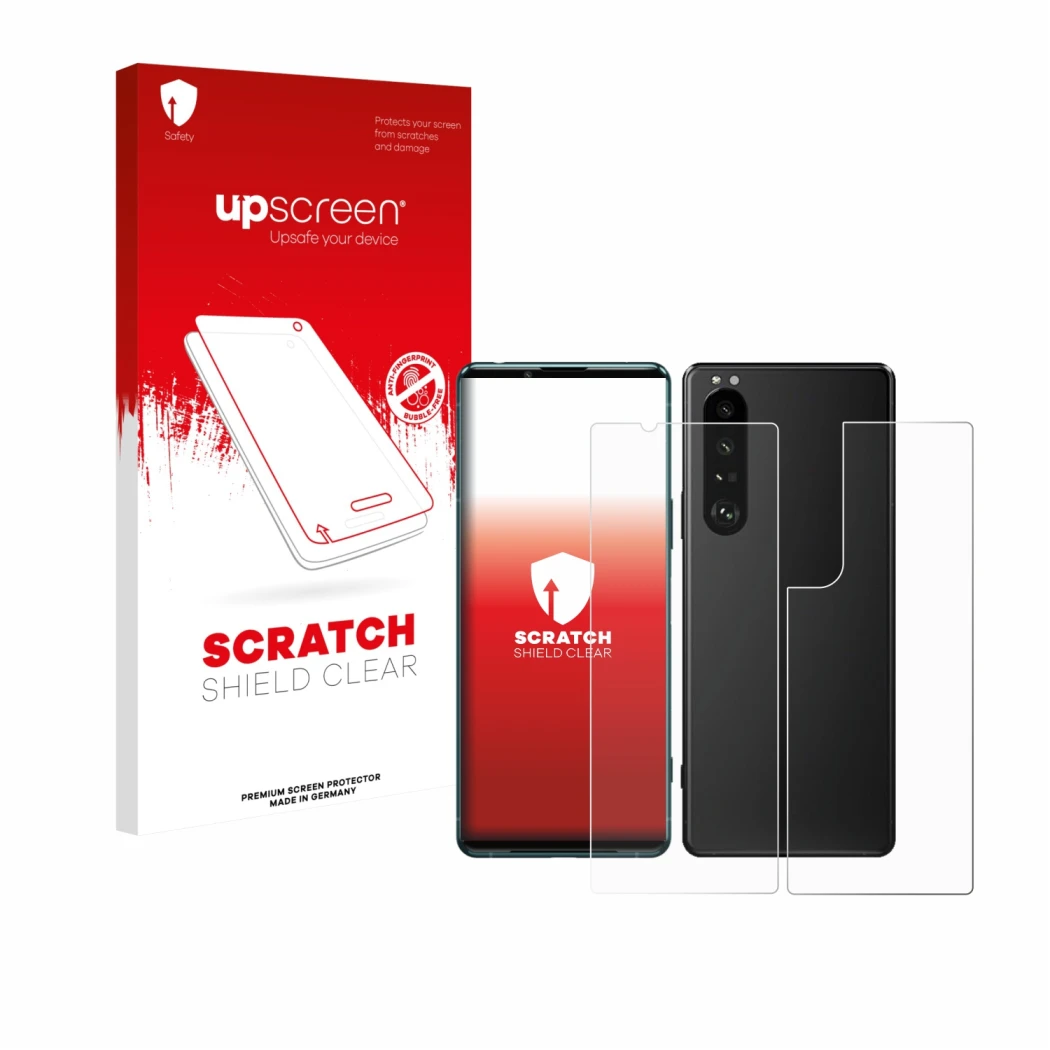 Vorderseite einer Produktverpackung mit dem Markenlogo upscreen. Daneben ist das Gerät Sony Xperia 5 III (Display+Rückseite) m