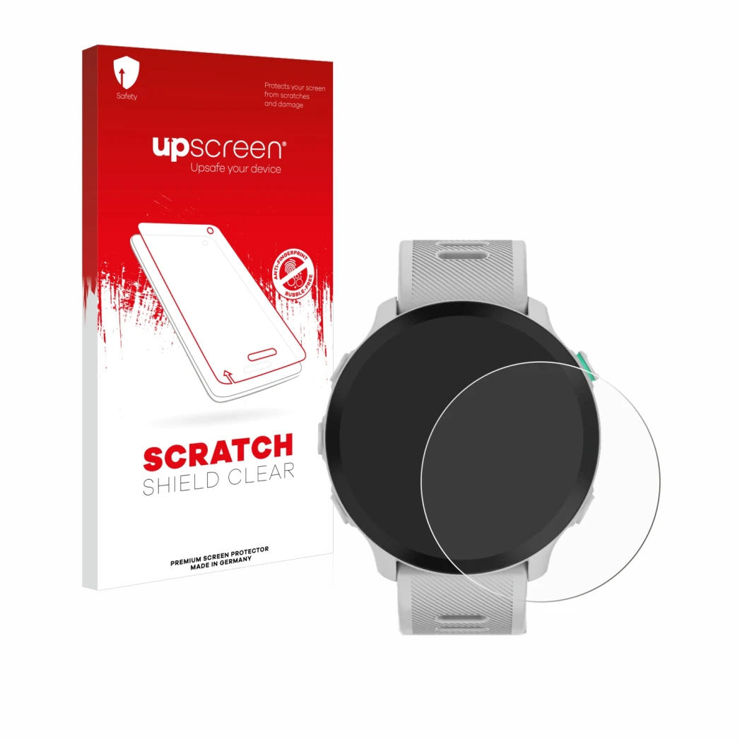 Vorderseite einer Produktverpackung mit dem Markenlogo upscreen. Daneben ist das Gerät Garmin Forerunner 55 mit dem zugehörige