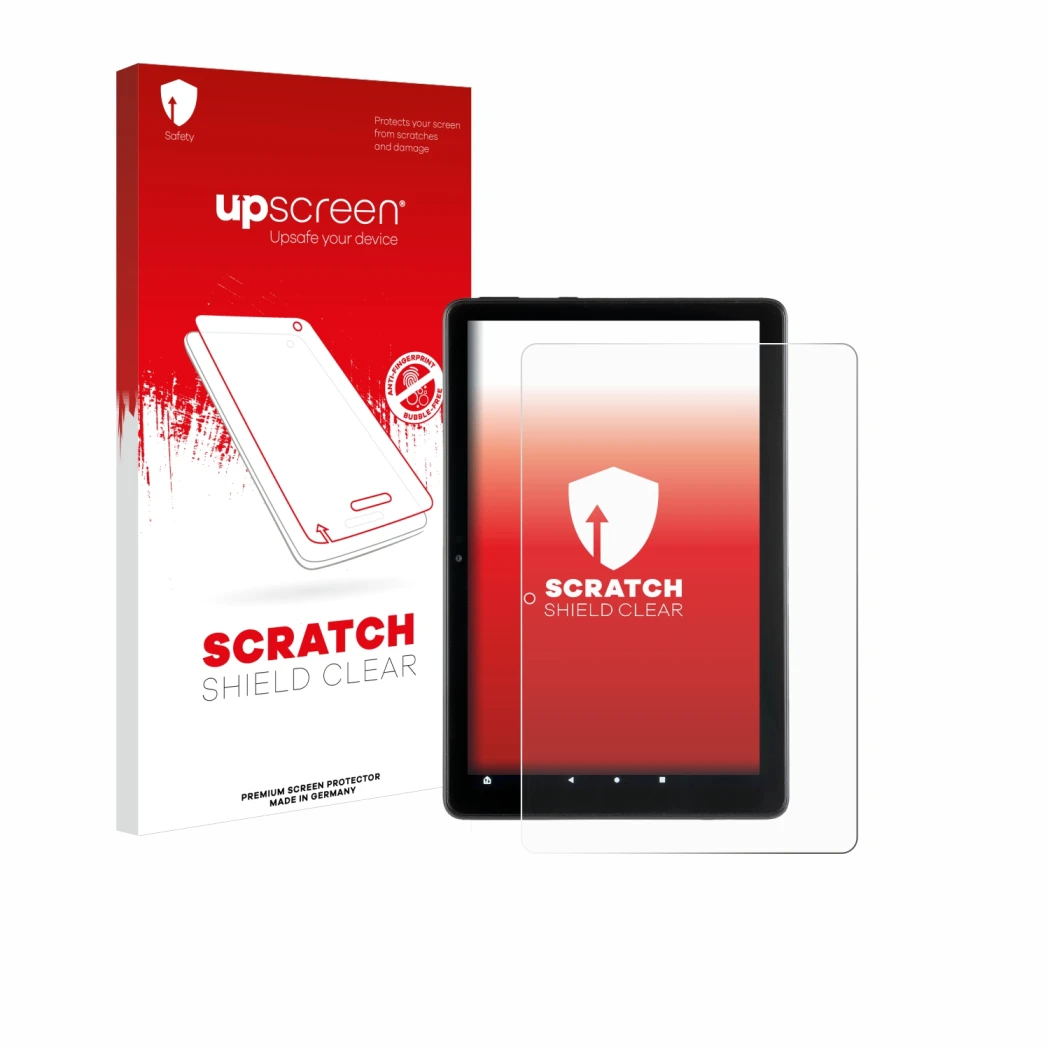Vorderseite einer Produktverpackung mit dem Markenlogo upscreen. Daneben ist das Gerät Amazon Fire HD 10 2021 (11. Gen.) mit d