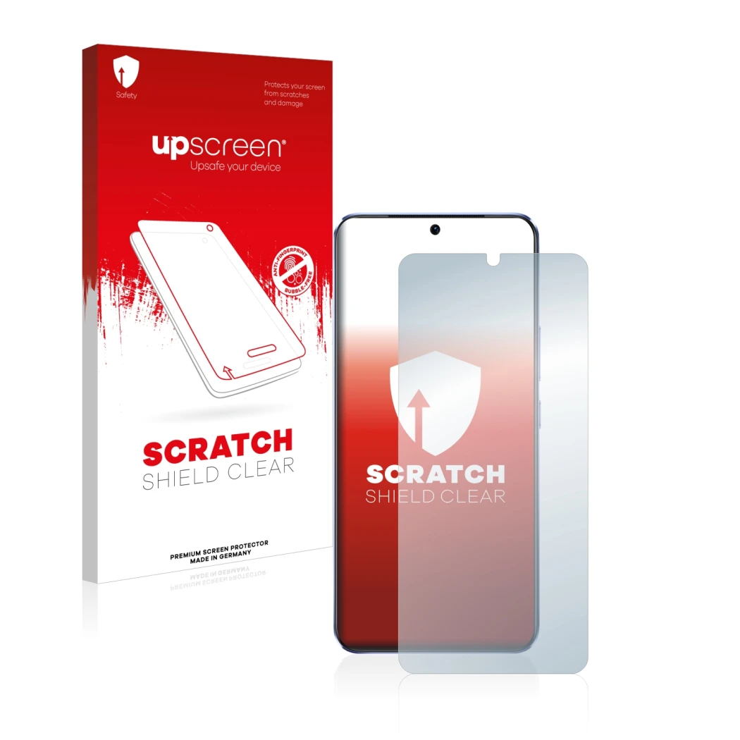 Vorderseite einer Produktverpackung mit dem Markenlogo upscreen. Daneben ist das Gerät Vivo V21 5G mit dem zugehörigen Display