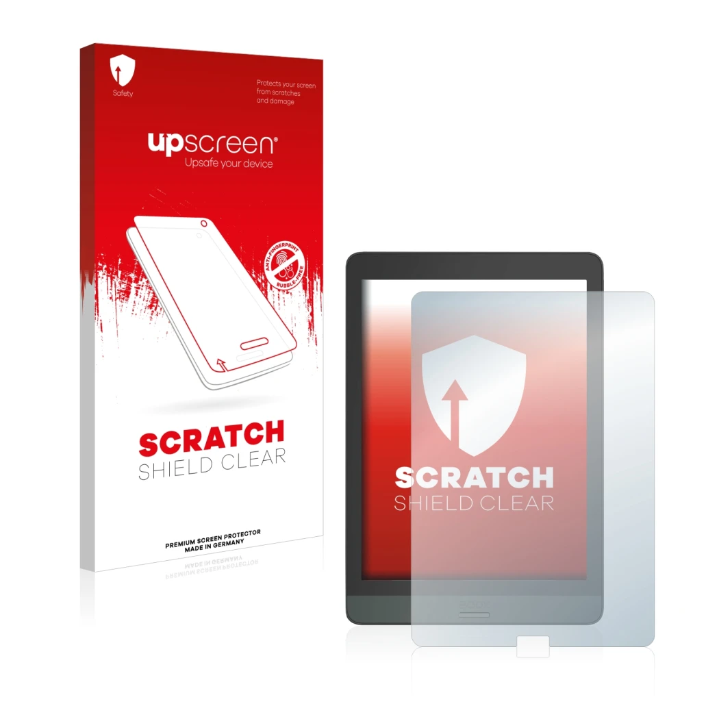 Vorderseite einer Produktverpackung mit dem Markenlogo upscreen. Daneben ist das Gerät Boox Nova 3 mit dem zugehörigen Display