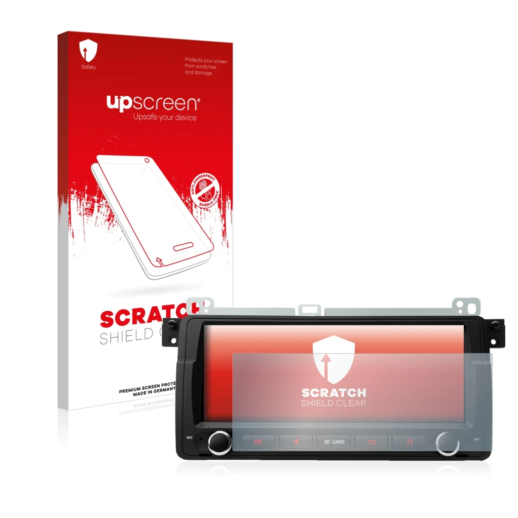Vorderseite einer Produktverpackung mit dem Markenlogo upscreen. Daneben ist das Gerät Xtrons PQ8046BL mit dem zugehörigen Dis