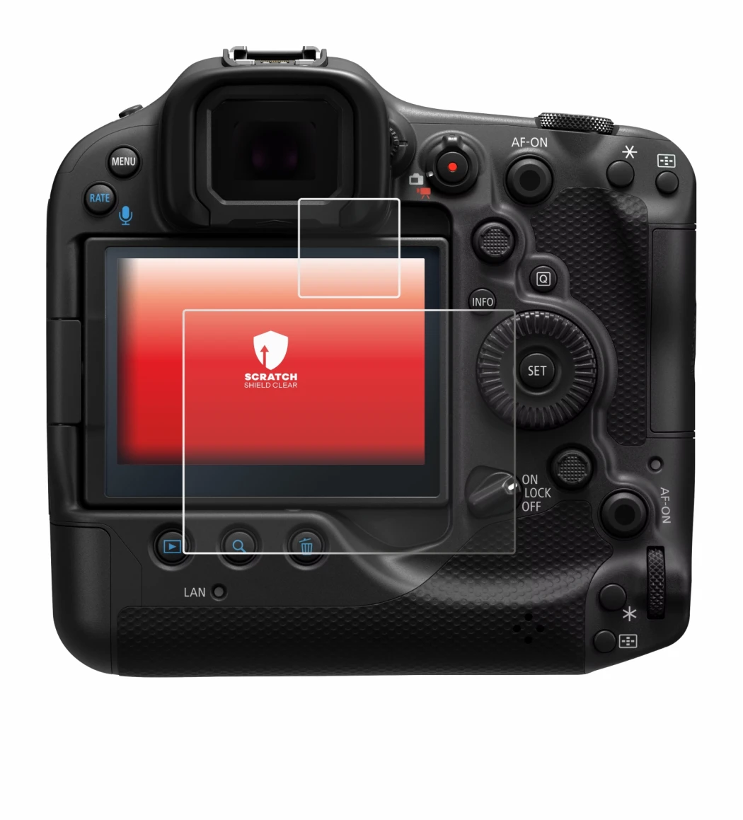 Abbildung des Geräts Canon EOS R3 mit einer Vielzahl des Displayschutzes.