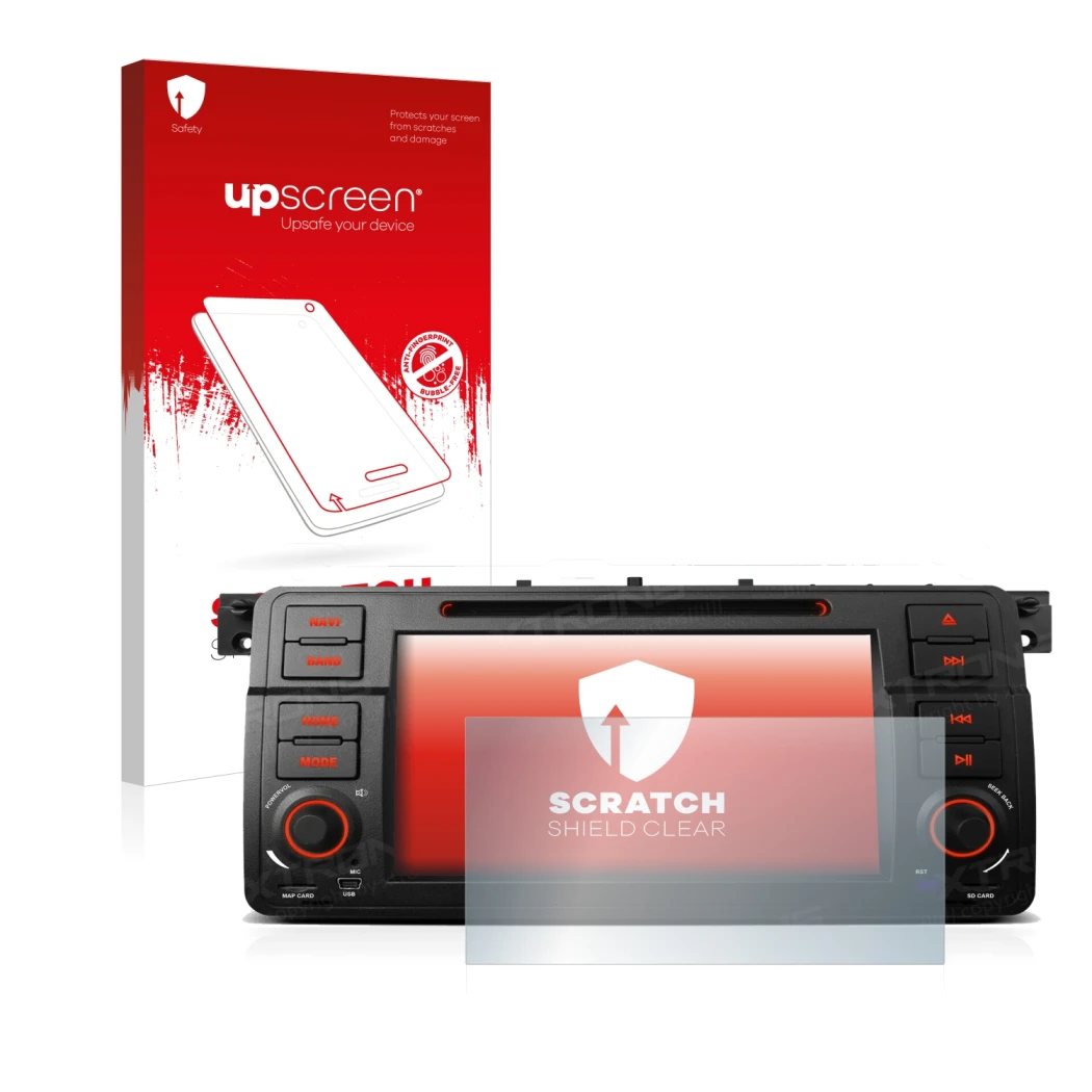 Vorderseite einer Produktverpackung mit dem Markenlogo upscreen. Daneben ist das Gerät Xtrons PQ7046B mit dem zugehörigen Disp