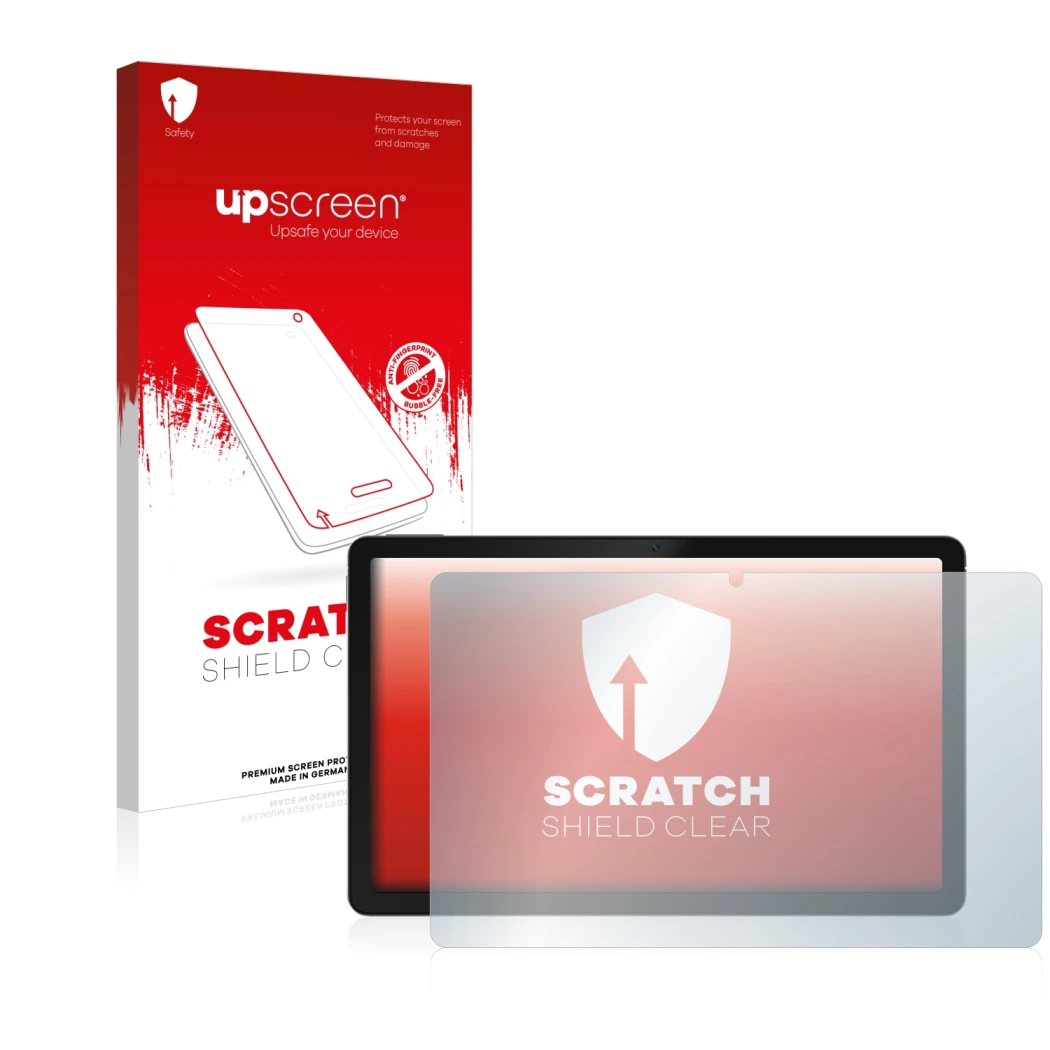 Vorderseite einer Produktverpackung mit dem Markenlogo upscreen. Daneben ist das Gerät realme Pad mit dem zugehörigen Displays