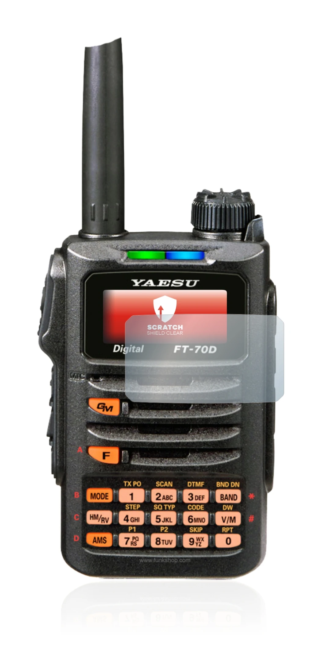 Abbildung des Geräts Yaesu FT-70DR mit einer Vielzahl des Displayschutzes.