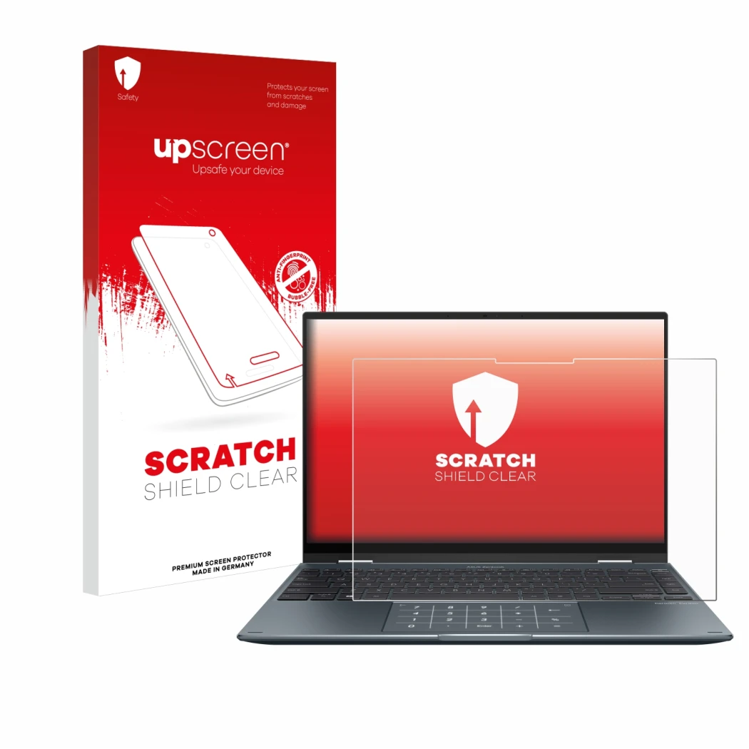 Vorderseite einer Produktverpackung mit dem Markenlogo upscreen. Daneben ist das Gerät ASUS ZenBook 14 Flip OLED mit dem zugeh