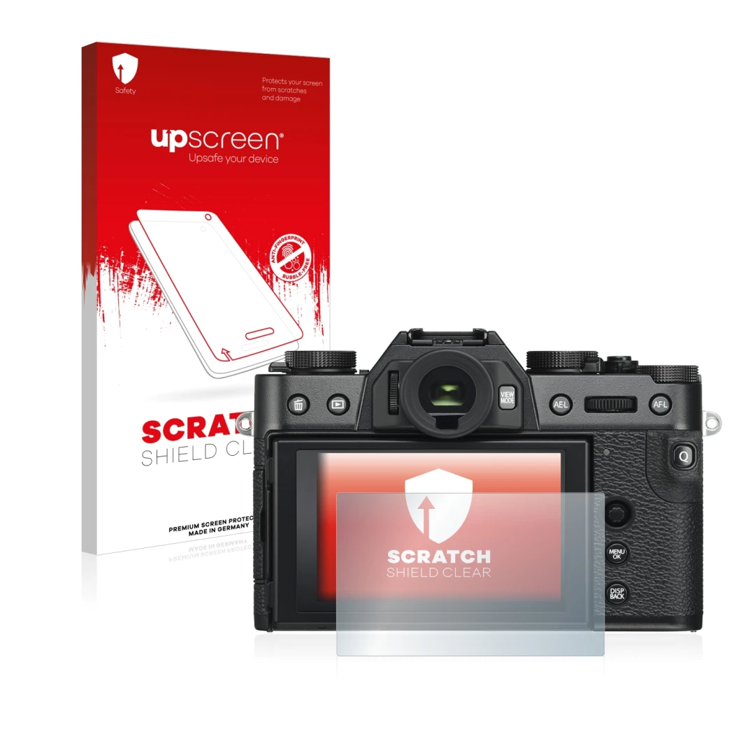 Vorderseite einer Produktverpackung mit dem Markenlogo upscreen. Daneben ist das Gerät Fujifilm X-T30 ll mit dem zugehörigen D