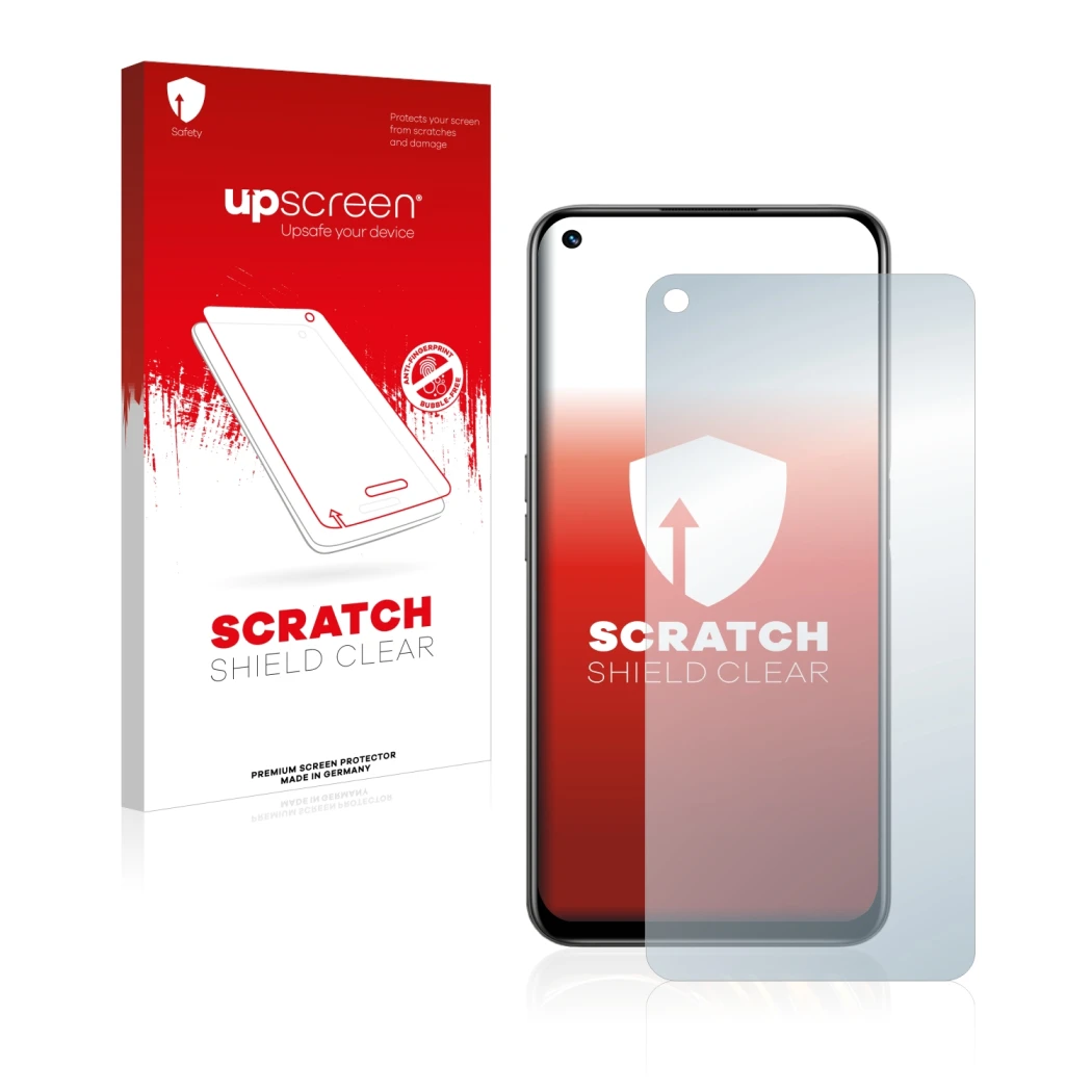 Vorderseite einer Produktverpackung mit dem Markenlogo upscreen. Daneben ist das Gerät realme 8i mit dem zugehörigen Displaysc