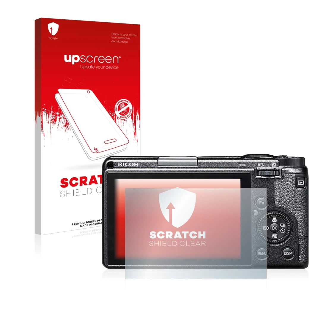 Vorderseite einer Produktverpackung mit dem Markenlogo upscreen. Daneben ist das Gerät Ricoh GR IIIx mit dem zugehörigen Displ