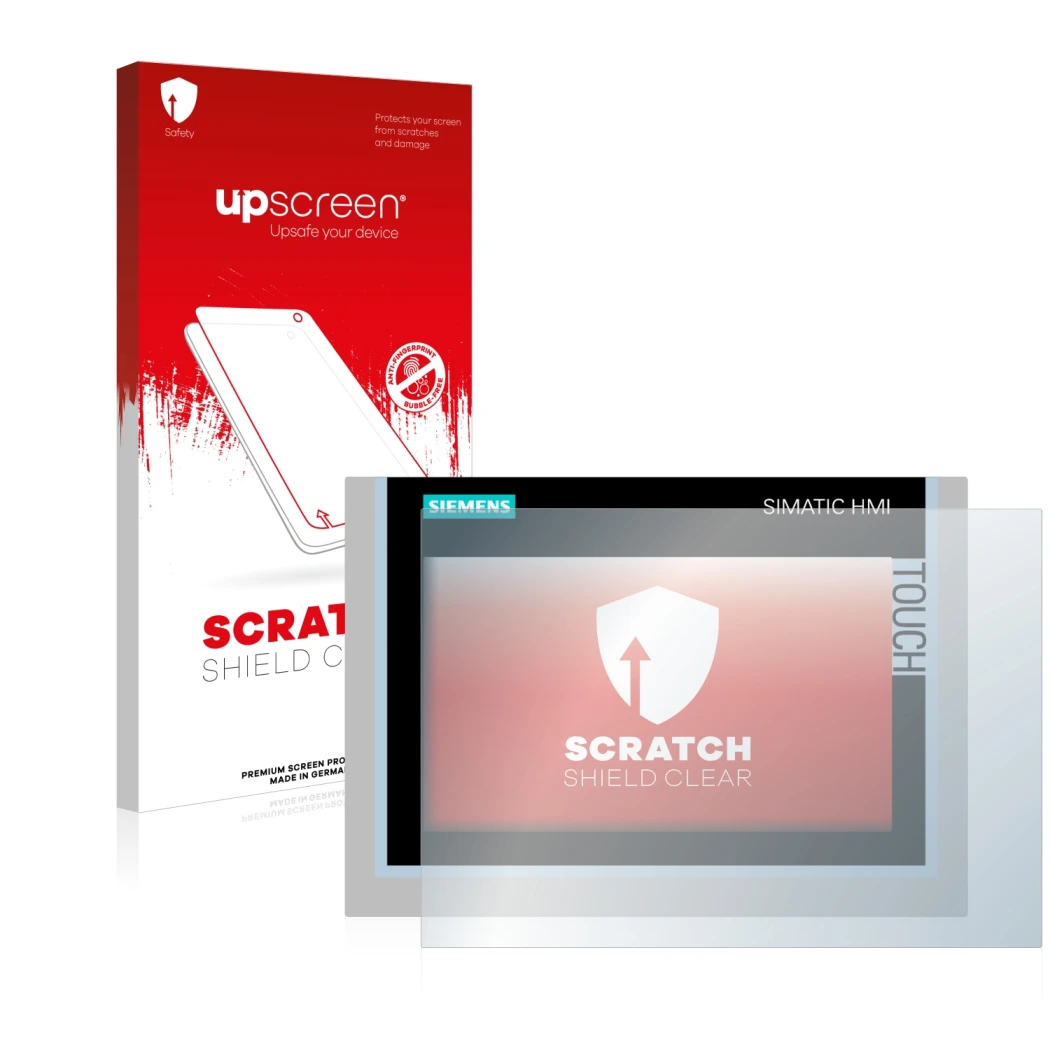 Vorderseite einer Produktverpackung mit dem Markenlogo upscreen. Daneben ist das Gerät Siemens Simatic HMI TP700 Comfort mit d