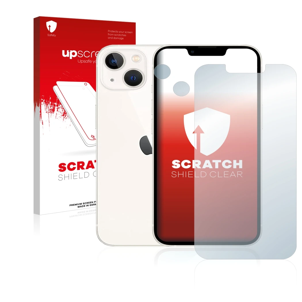 Vorderseite einer Produktverpackung mit dem Markenlogo upscreen. Daneben ist das Gerät Apple iPhone 13 (Display+Kamera) mit de