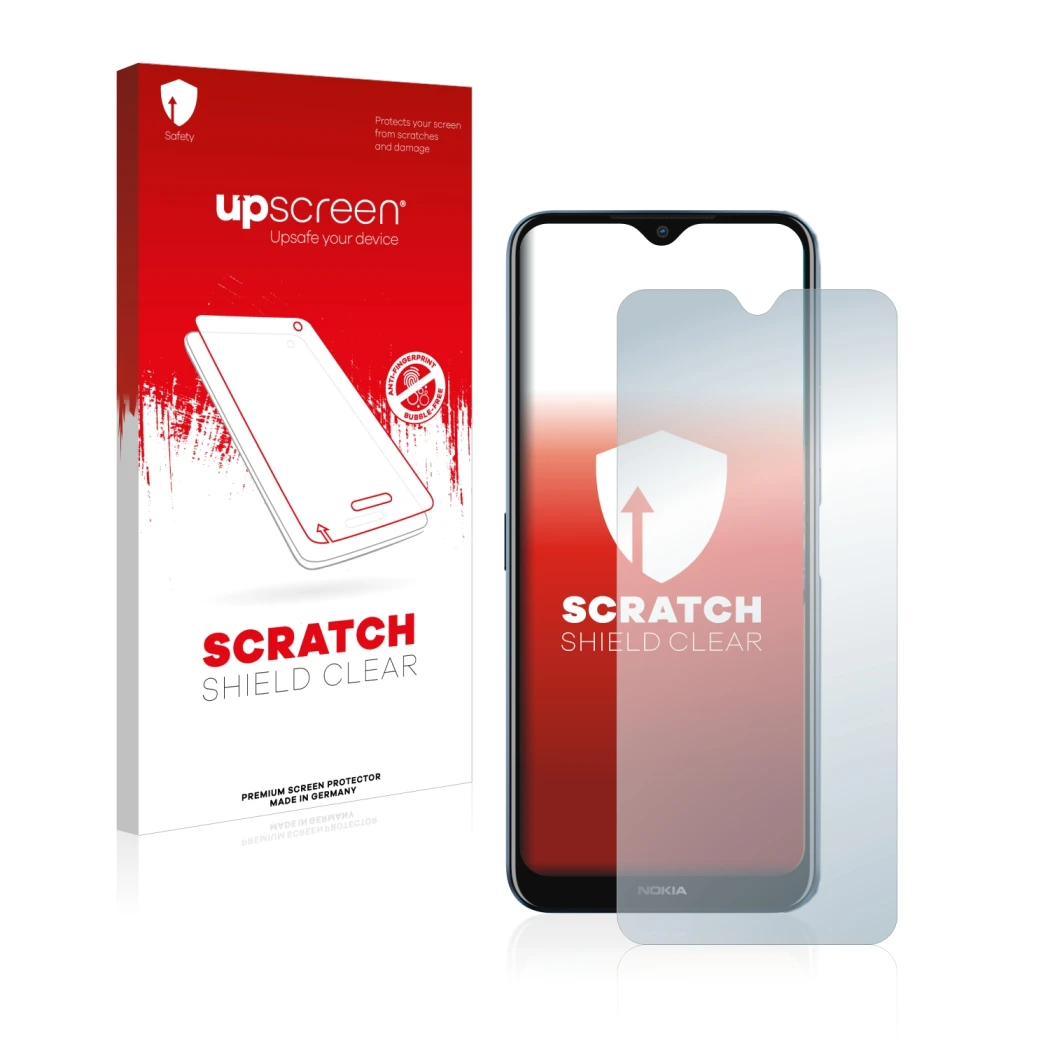 Vorderseite einer Produktverpackung mit dem Markenlogo upscreen. Daneben ist das Gerät Nokia G50 mit dem zugehörigen Displaysc