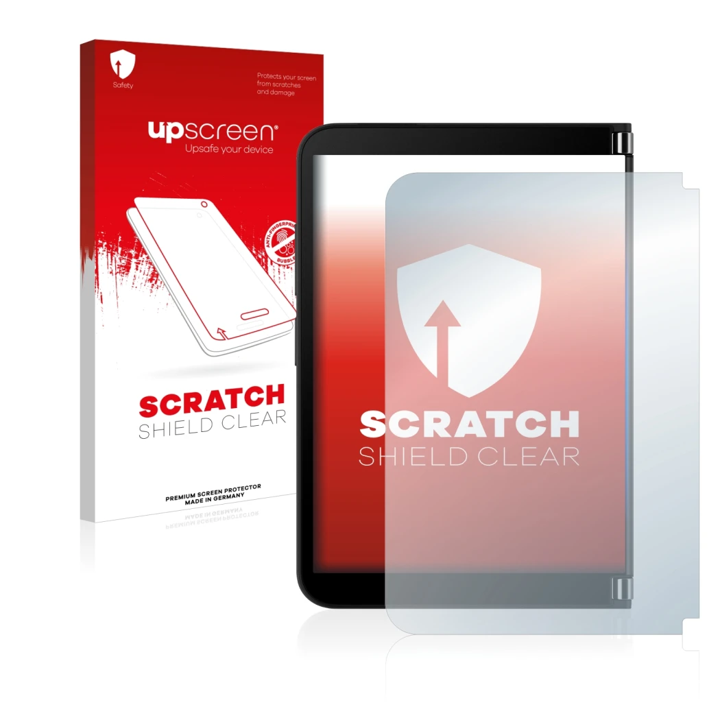 Vorderseite einer Produktverpackung mit dem Markenlogo upscreen. Daneben ist das Gerät Microsoft Surface Duo 2 (Äußeres Displa