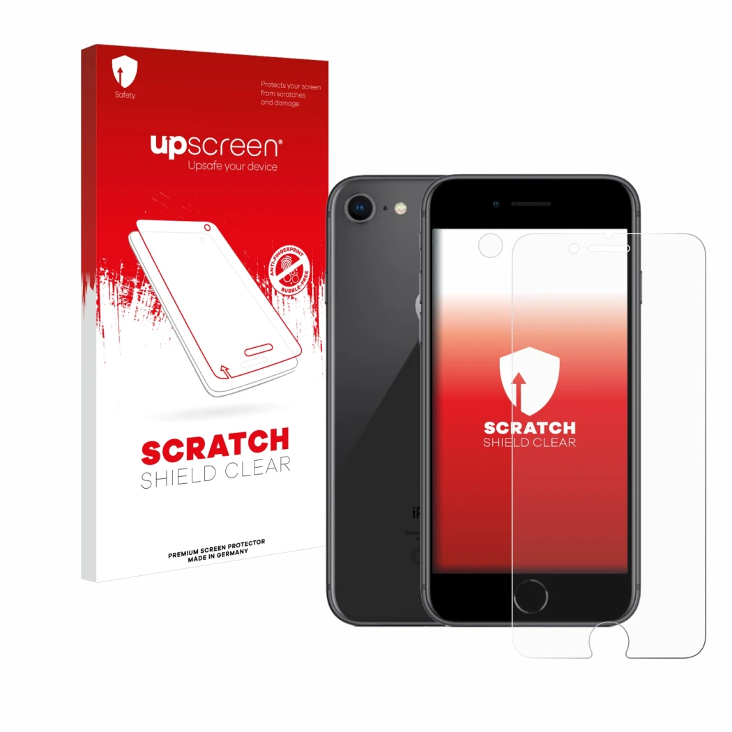 Vorderseite einer Produktverpackung mit dem Markenlogo upscreen. Daneben ist das Gerät Apple iPhone 8 (Display+Kamera) mit dem