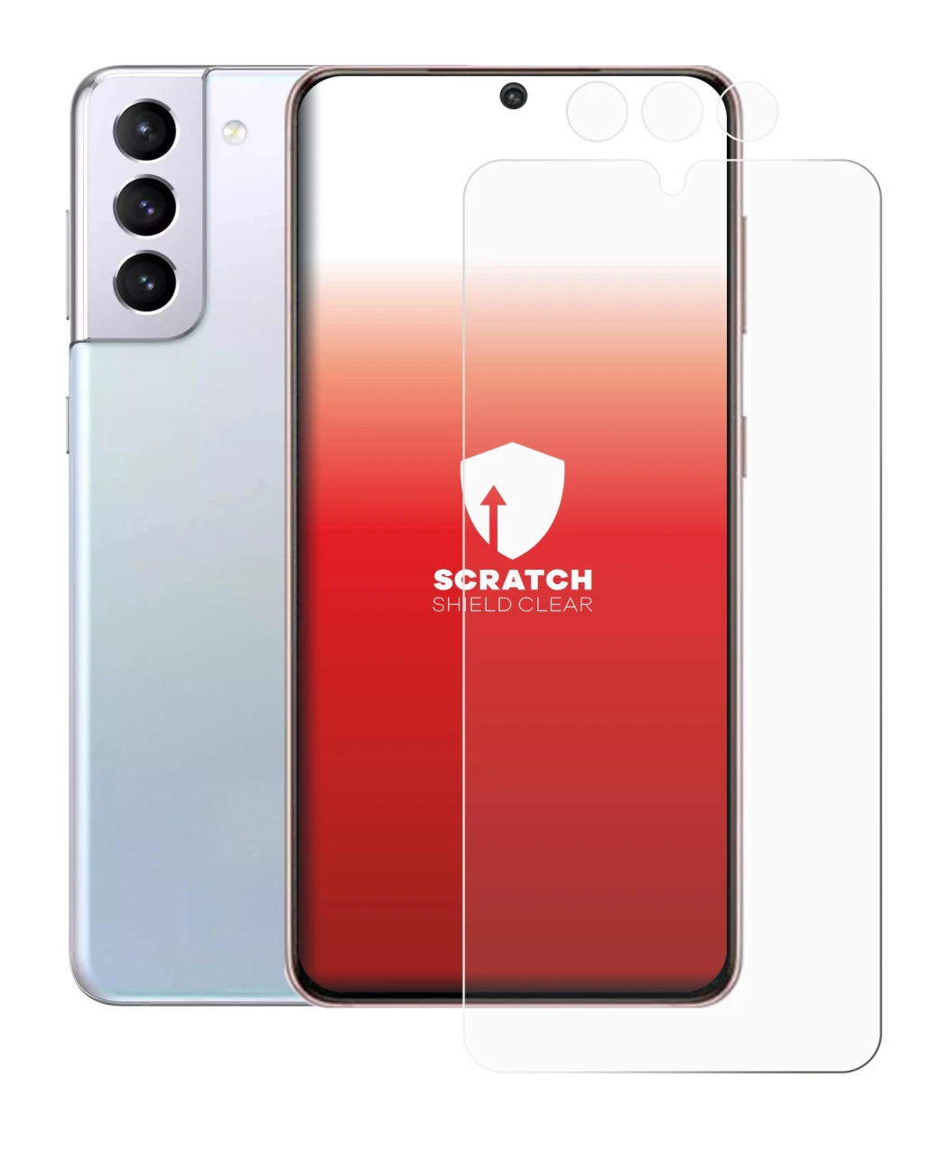 Abbildung des Geräts Samsung Galaxy S21 (Display+Kamera) mit einer Vielzahl des Displayschutzes.