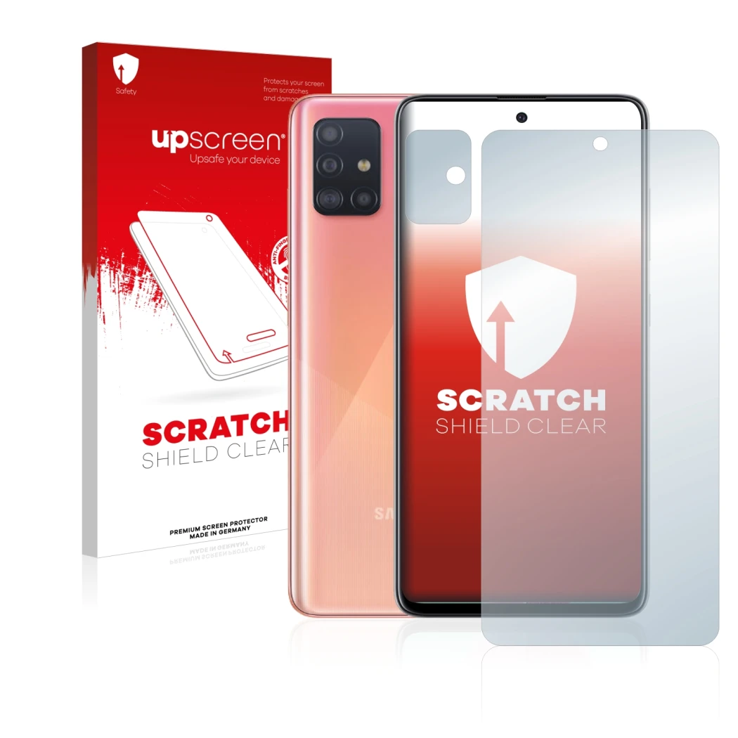 Vorderseite einer Produktverpackung mit dem Markenlogo upscreen. Daneben ist das Gerät Samsung Galaxy A51 (Display+Kamera) mit