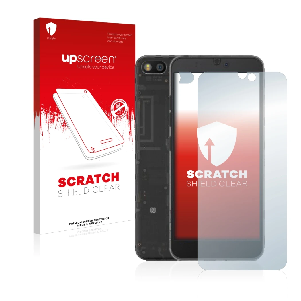 Vorderseite einer Produktverpackung mit dem Markenlogo upscreen. Daneben ist das Gerät Fairphone 3 (Display+Kamera) mit dem zu