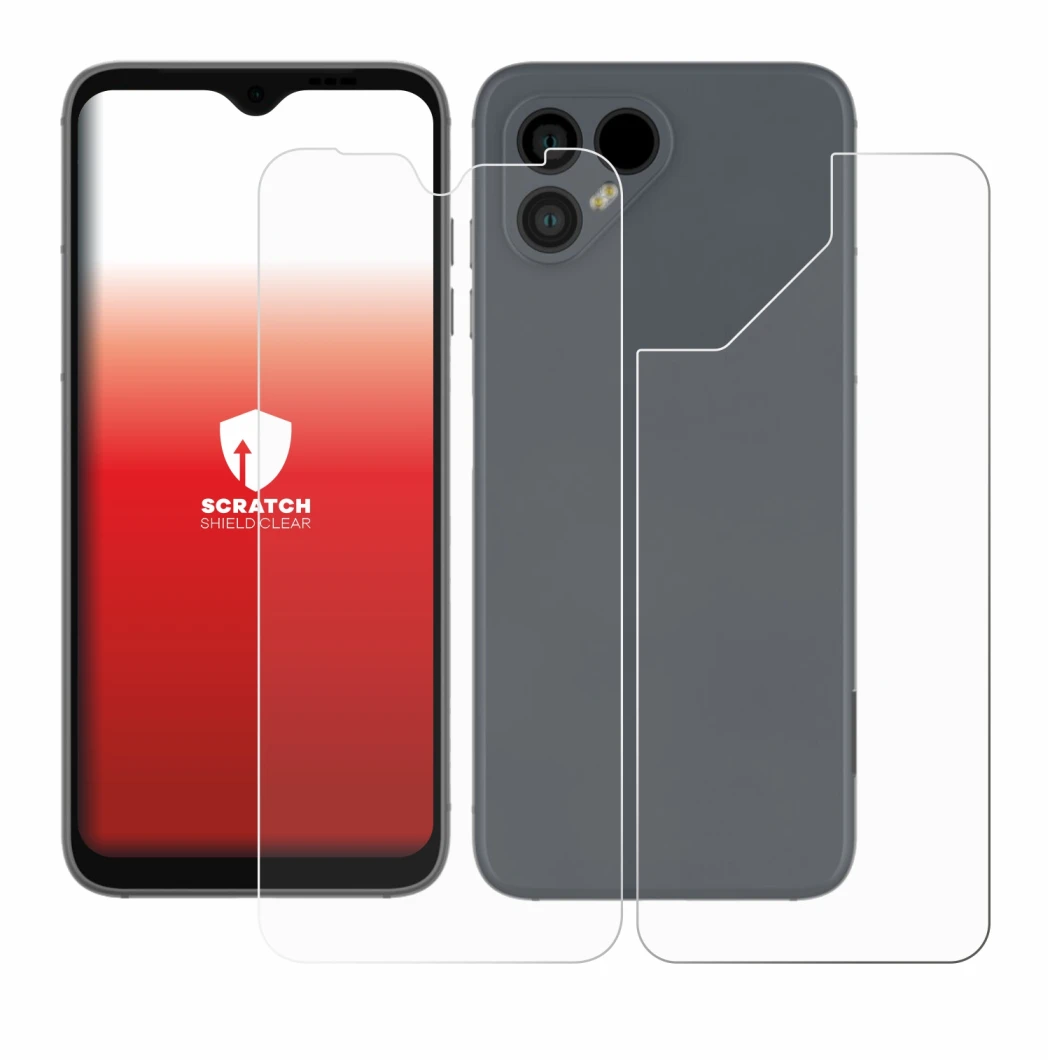 Abbildung des Geräts Fairphone 4 (Display+Rückseite) mit einer Vielzahl des Displayschutzes.