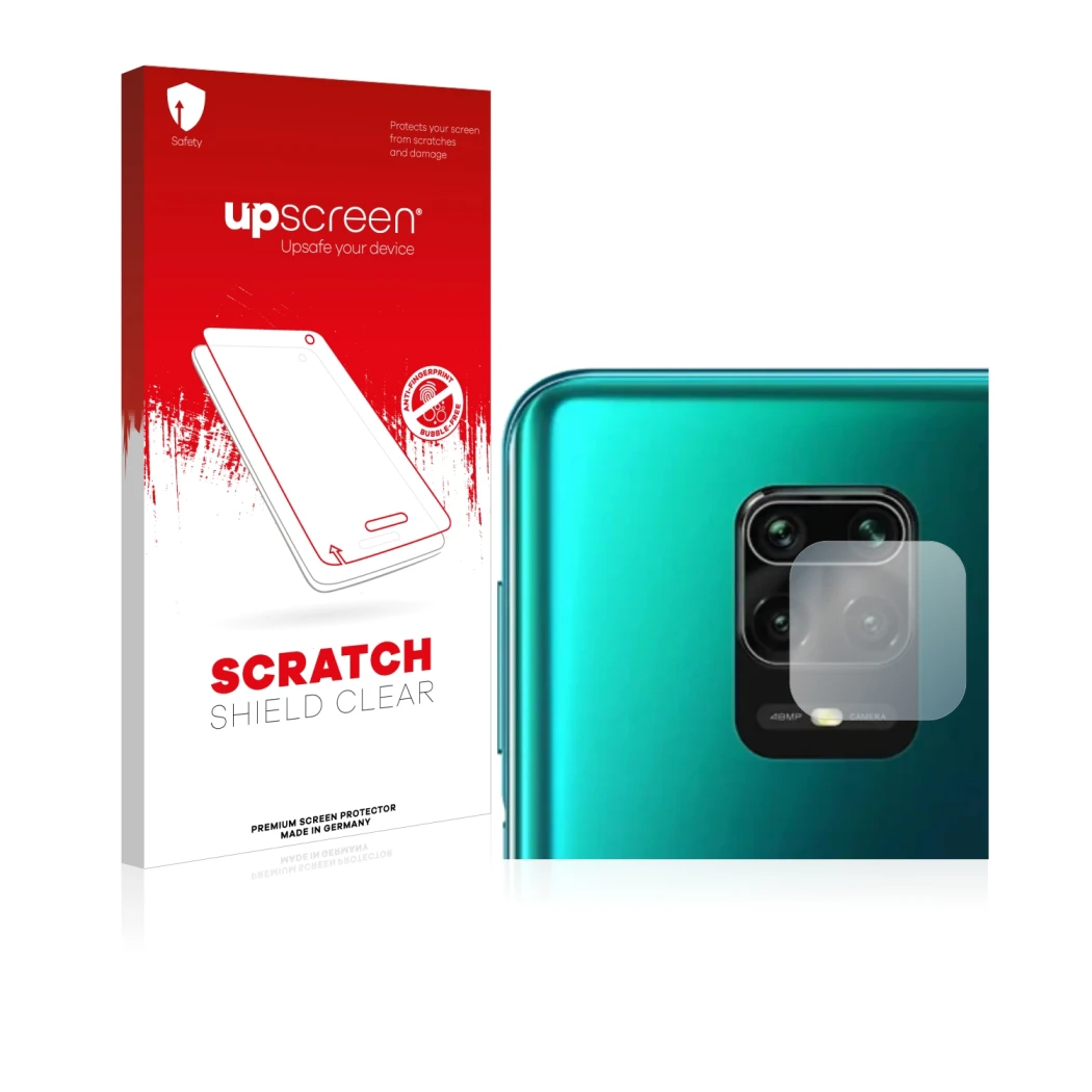Vorderseite einer Produktverpackung mit dem Markenlogo upscreen. Daneben ist das Gerät Xiaomi Redmi Note 10 Lite (NUR Kamerasc