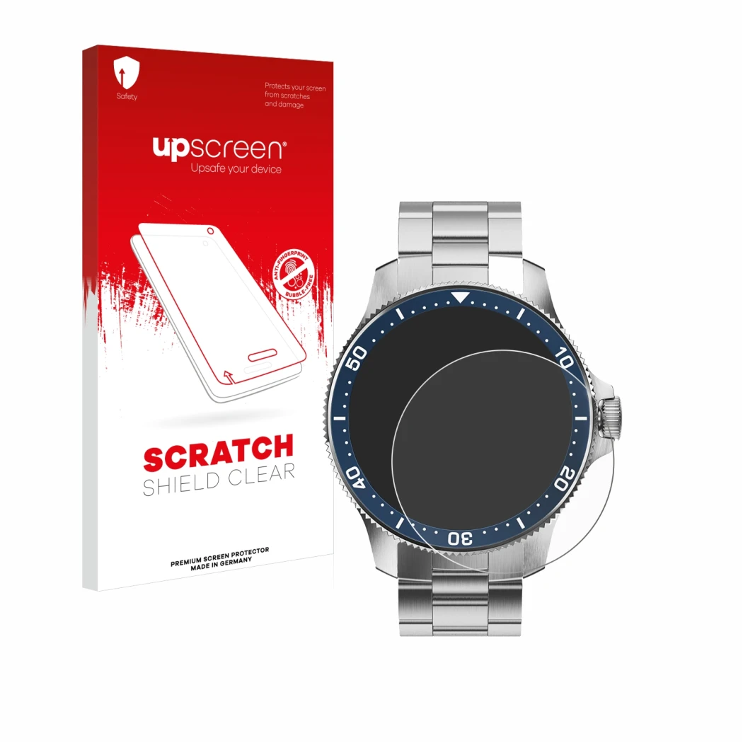 Vorderseite einer Produktverpackung mit dem Markenlogo upscreen. Daneben ist das Gerät Withings ScanWatch Horizon (43 mm) mit 