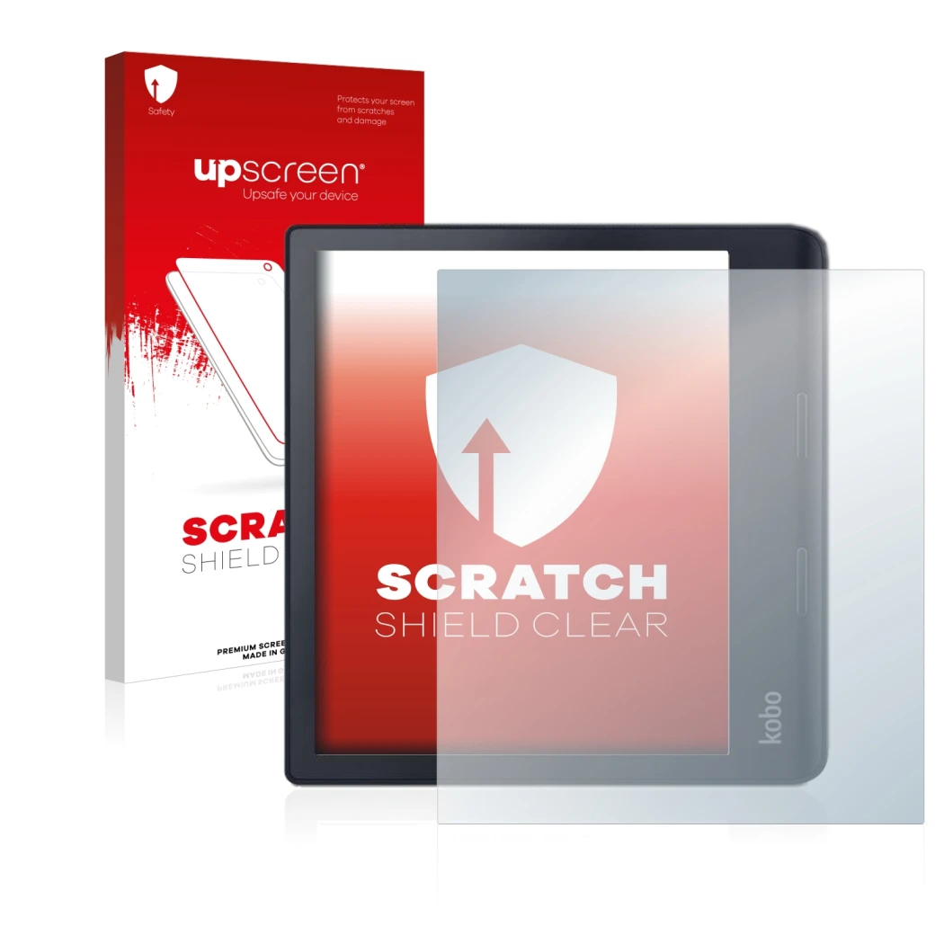 Vorderseite einer Produktverpackung mit dem Markenlogo upscreen. Daneben ist das Gerät Kobo Sage mit dem zugehörigen Displaysc