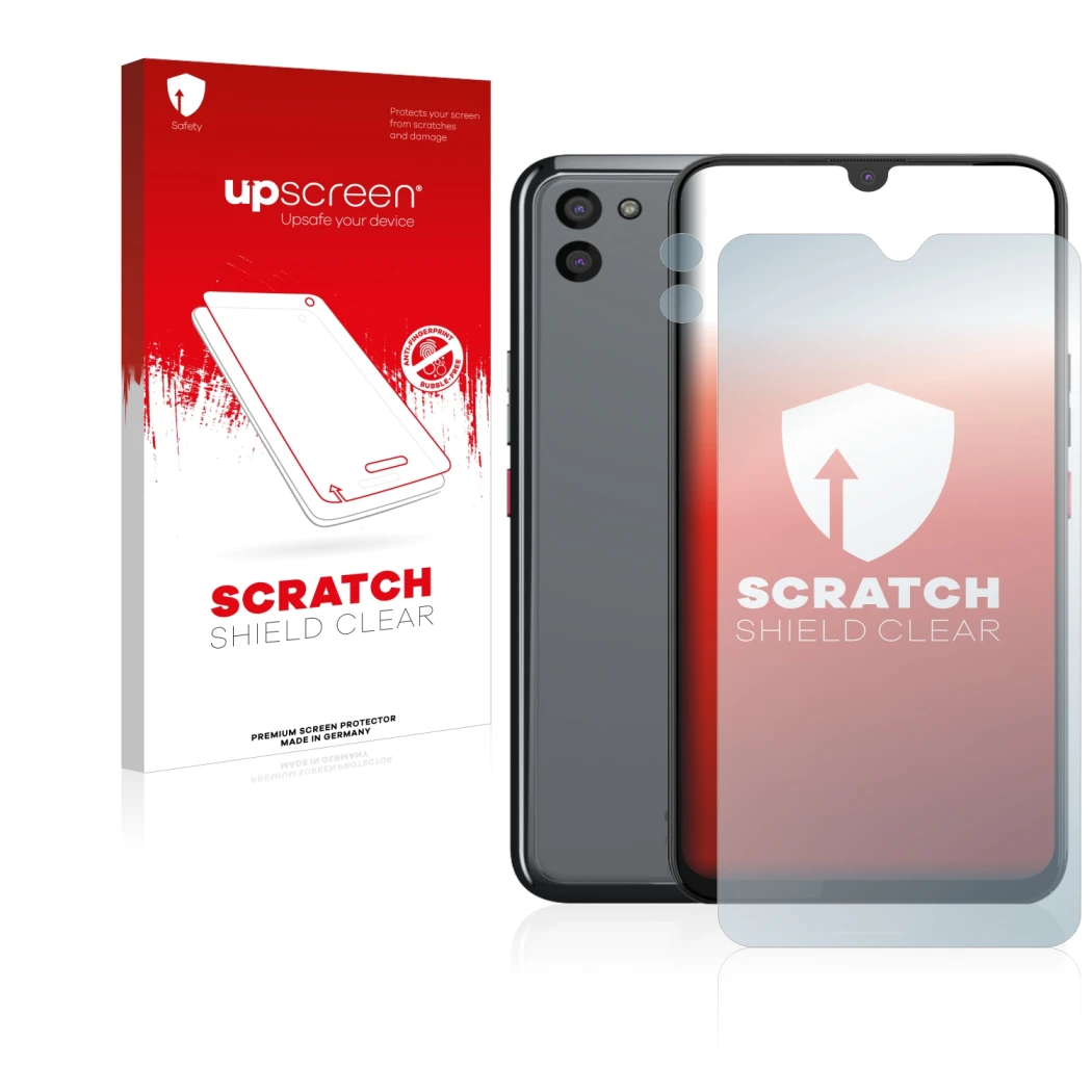 Vorderseite einer Produktverpackung mit dem Markenlogo upscreen. Daneben ist das Gerät Gigaset GS5 (Display+Kamera) mit dem zu