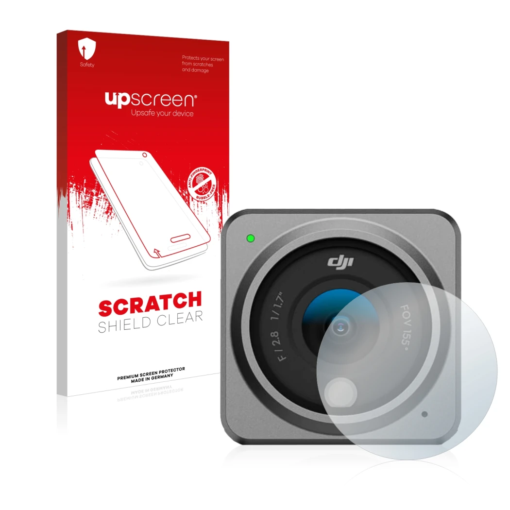 Vorderseite einer Produktverpackung mit dem Markenlogo upscreen. Daneben ist das Gerät DJI Action 2 Linse (Gehäuse) mit dem zu
