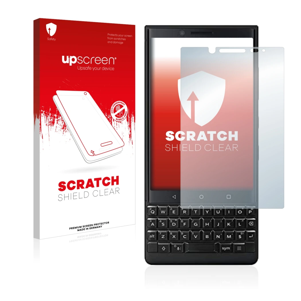 Vorderseite einer Produktverpackung mit dem Markenlogo upscreen. Daneben ist das Gerät BlackBerry Key2 (Dual Sim) mit dem zuge