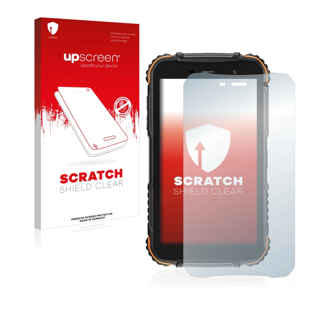 Vorderseite einer Produktverpackung mit dem Markenlogo upscreen. Daneben ist das Gerät Doogee S35T mit dem zugehörigen Display