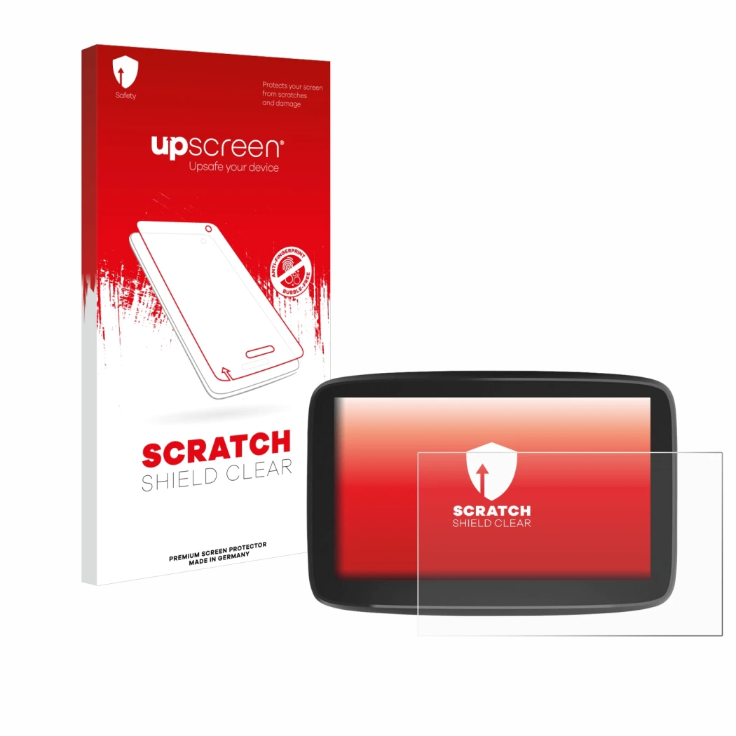 Vorderseite einer Produktverpackung mit dem Markenlogo upscreen. Daneben ist das Gerät TomTom GO Classic 6