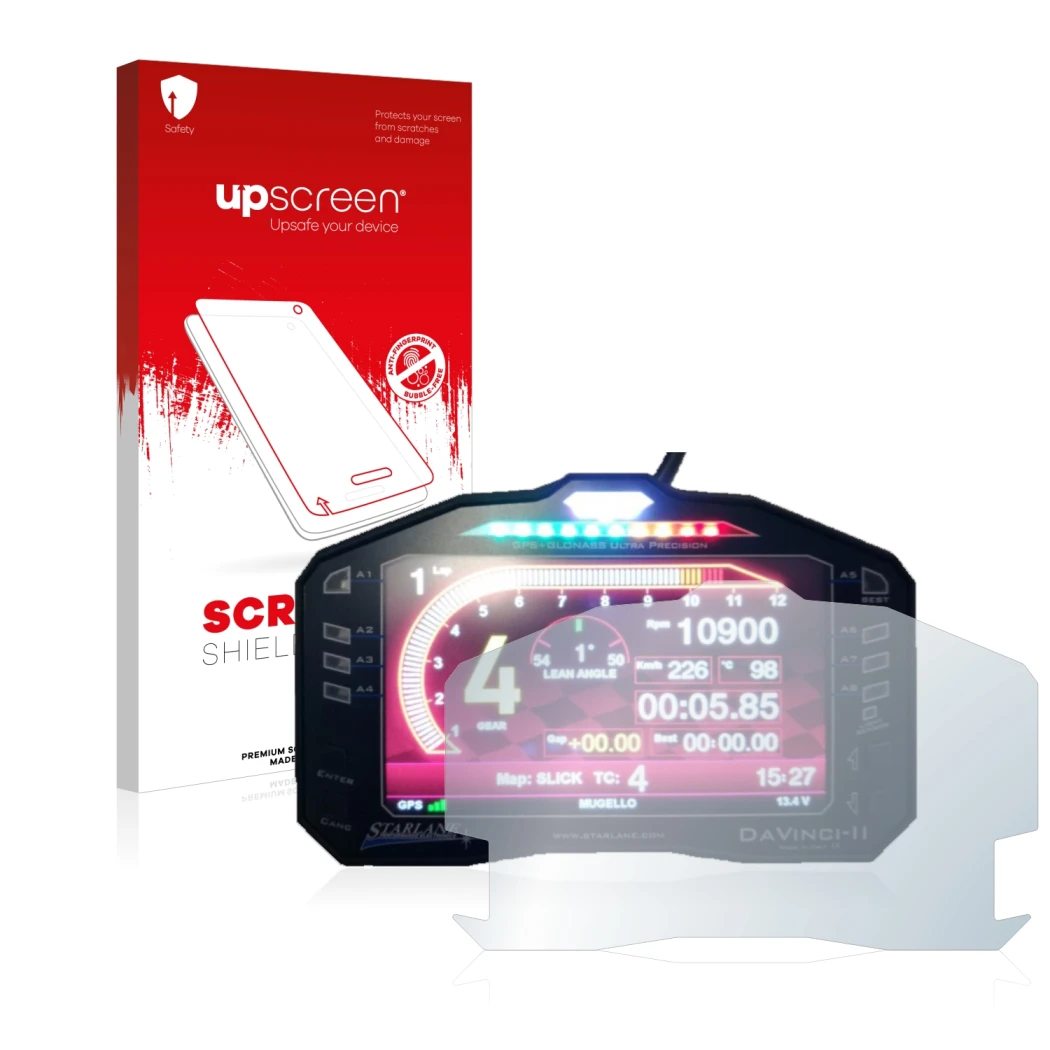 Vorderseite einer Produktverpackung mit dem Markenlogo upscreen. Daneben ist das Gerät Starlane DaVinci-II S mit dem zugehörig