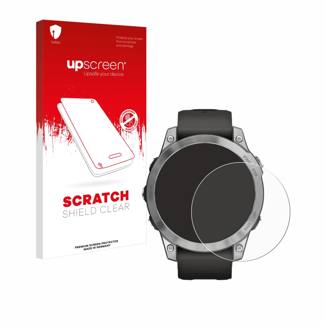 Vorderseite einer Produktverpackung mit dem Markenlogo upscreen. Daneben ist das Gerät Garmin Fenix 7 (47 mm) mit dem zugehöri