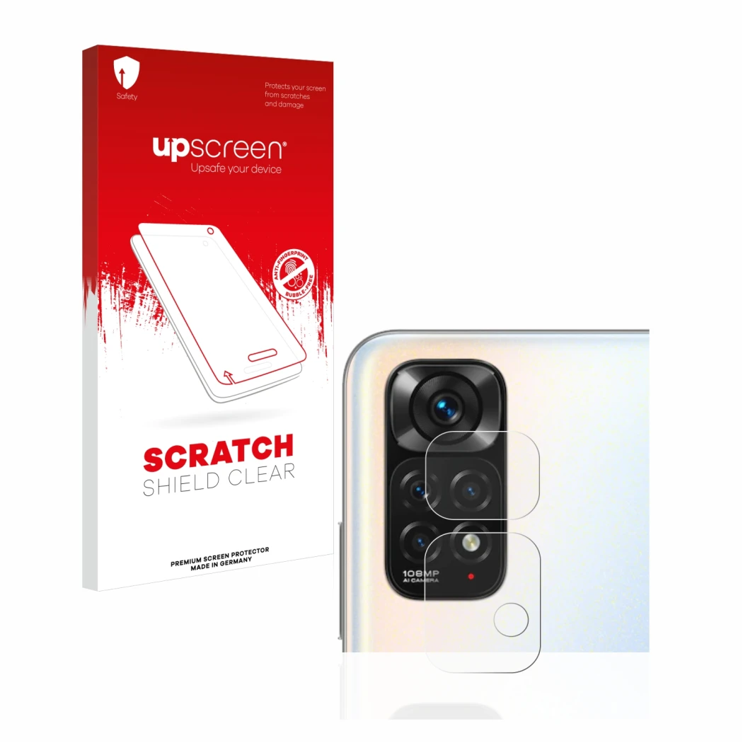 Vorderseite einer Produktverpackung mit dem Markenlogo upscreen. Daneben ist das Gerät Xiaomi Redmi Note 11S (NUR Kameraschutz