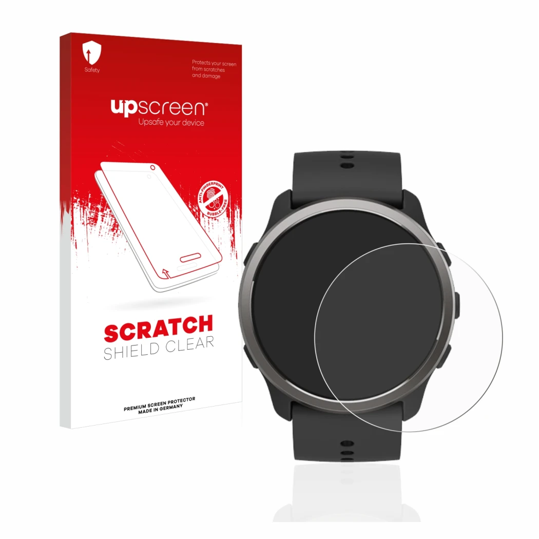 Vorderseite einer Produktverpackung mit dem Markenlogo upscreen. Daneben ist das Gerät Suunto 5 Peak mit dem zugehörigen Displ