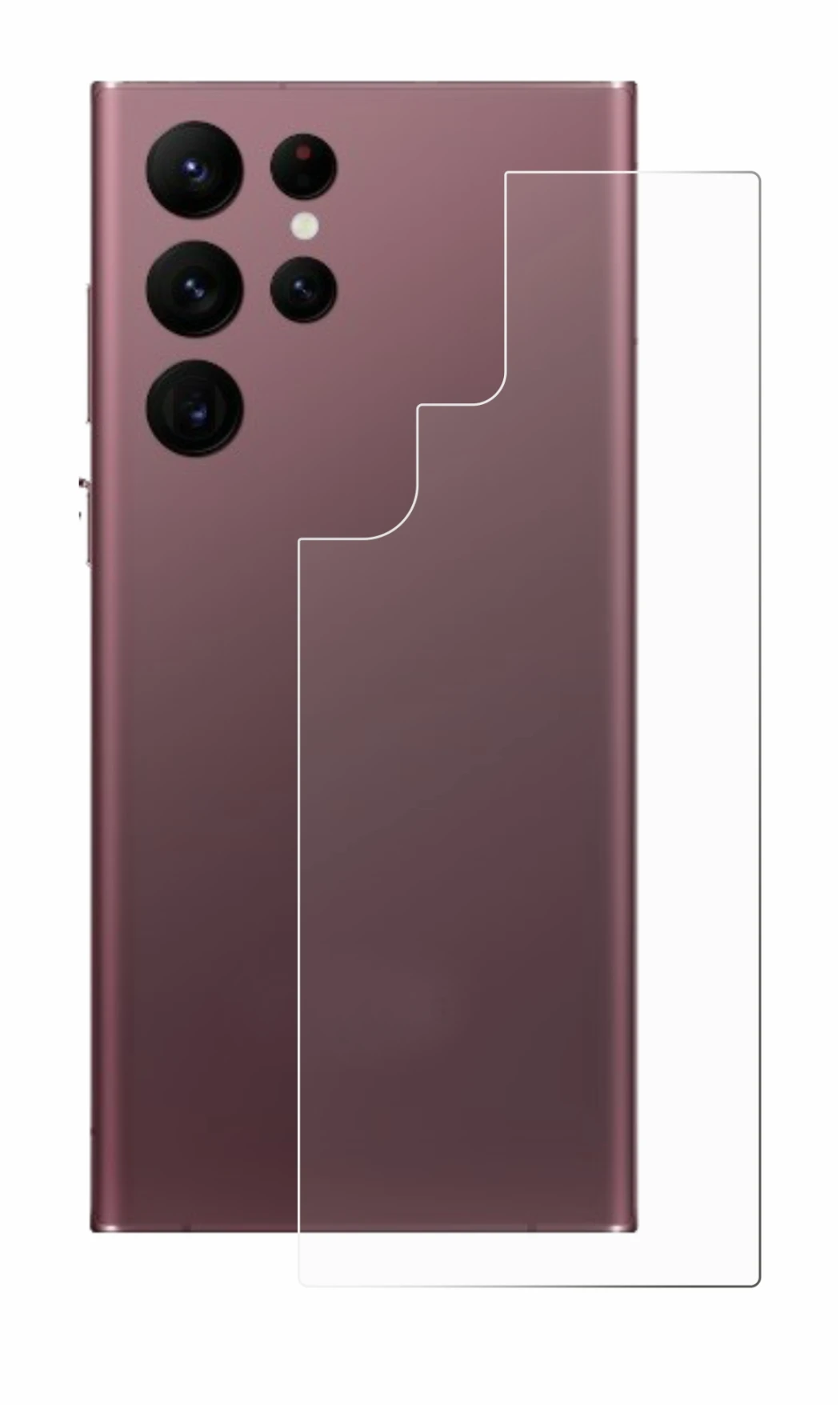 Abbildung des Geräts Samsung Galaxy S22 Ultra 5G (Rückseite) mit einer Vielzahl des Displayschutzes.