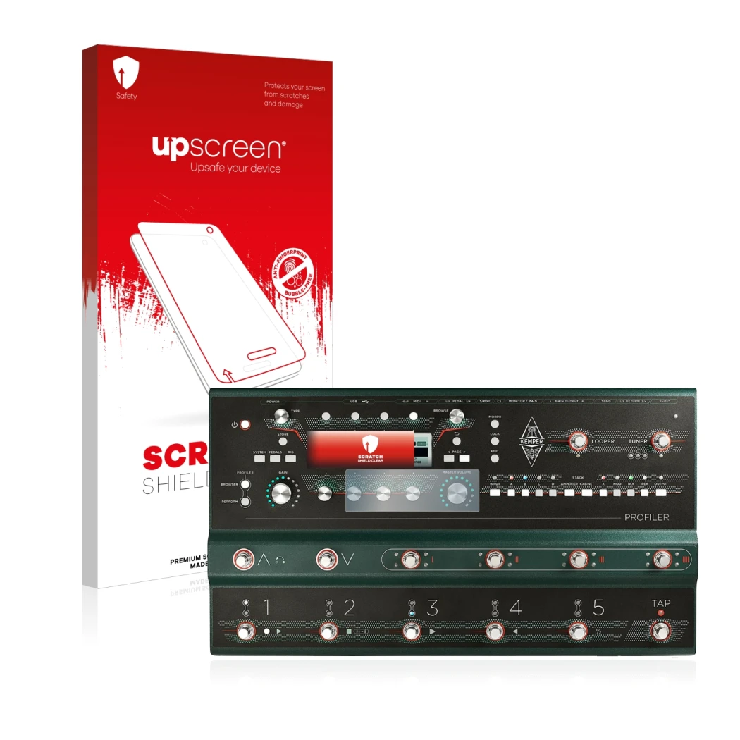 Vorderseite einer Produktverpackung mit dem Markenlogo upscreen. Daneben ist das Gerät Kemper Profiler Stage mit dem zugehörig