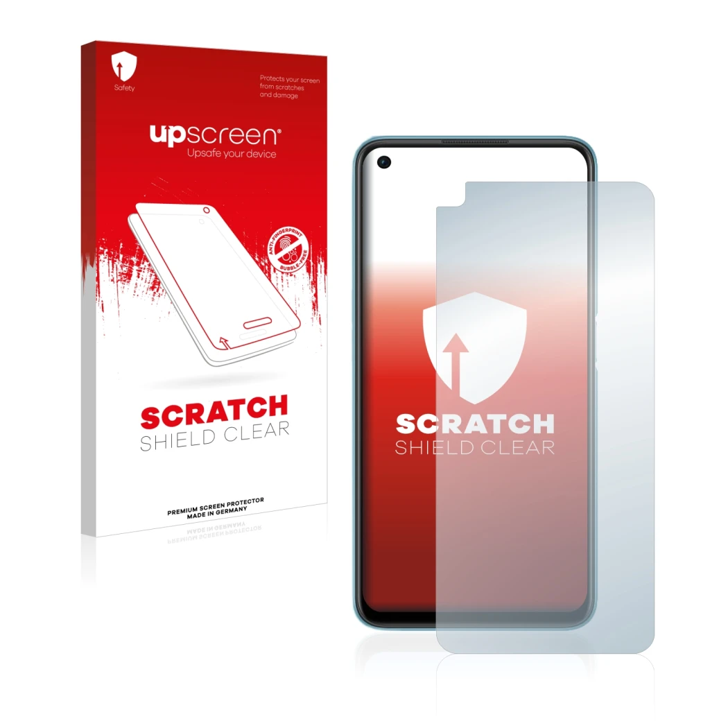 Vorderseite einer Produktverpackung mit dem Markenlogo upscreen. Daneben ist das Gerät Oppo A76 mit dem zugehörigen Displaysch
