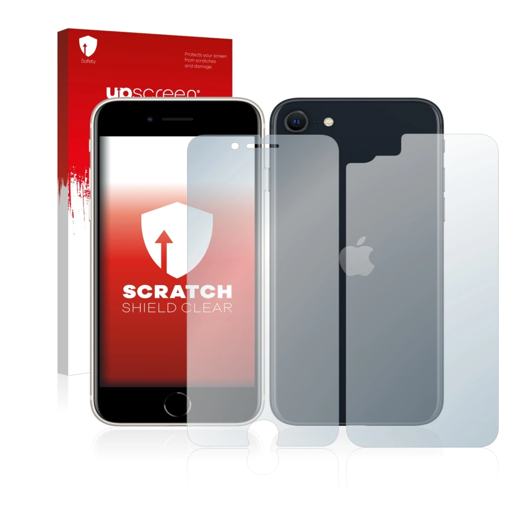 Vorderseite einer Produktverpackung mit dem Markenlogo upscreen. Daneben ist das Gerät Apple iPhone SE 3 2022 (Display+Rücksei