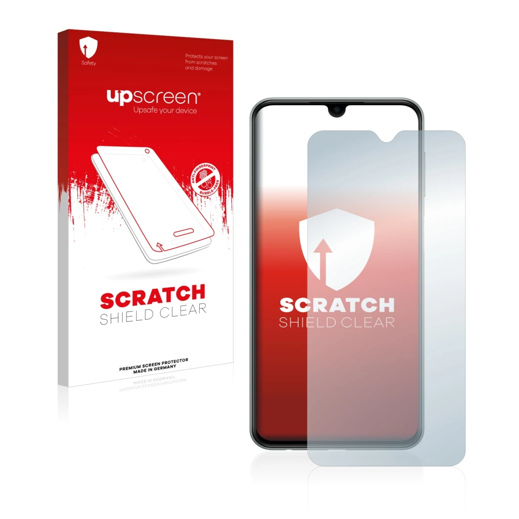 Vorderseite einer Produktverpackung mit dem Markenlogo upscreen. Daneben ist das Gerät Samsung Galaxy M33 mit dem zugehörigen 