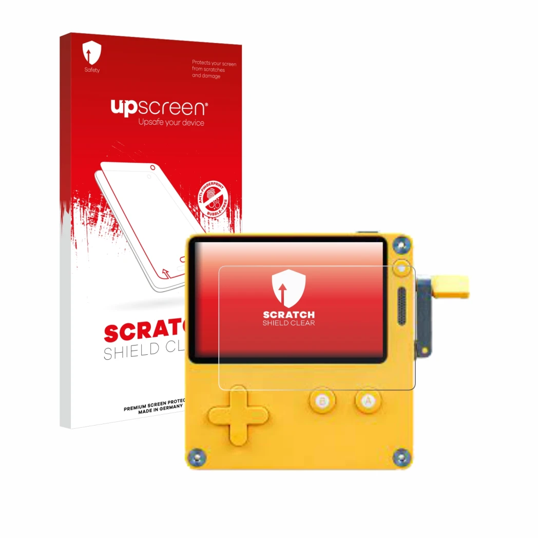 Vorderseite einer Produktverpackung mit dem Markenlogo upscreen. Daneben ist das Gerät Panic Playdate mit dem zugehörigen Disp