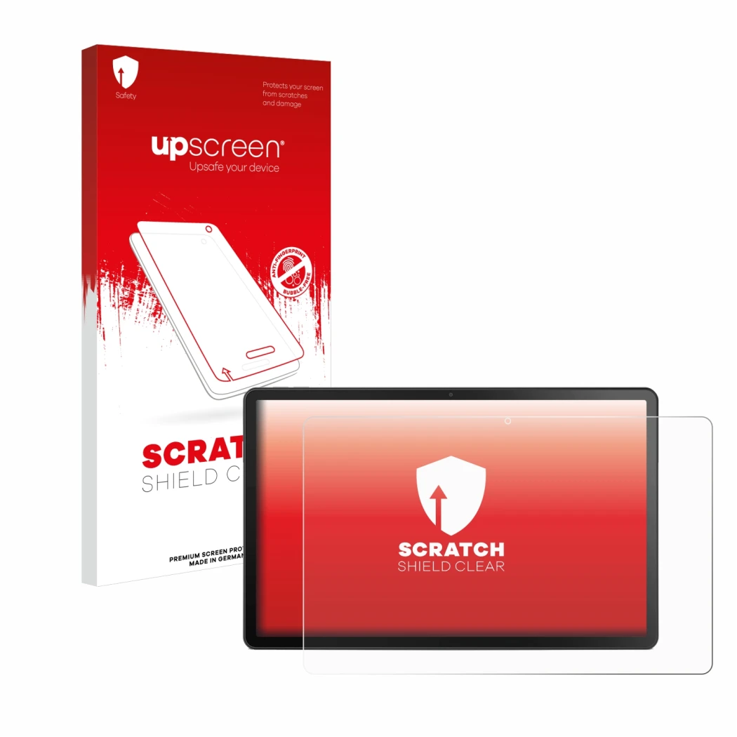 Vorderseite einer Produktverpackung mit dem Markenlogo upscreen. Daneben ist das Gerät Lenovo Tab M10 Plus (3. Gen.) mit dem z