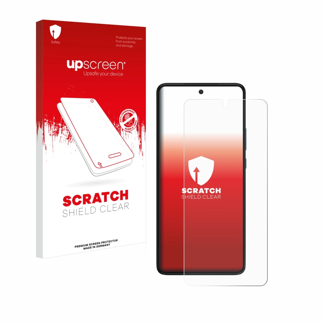 Vorderseite einer Produktverpackung mit dem Markenlogo upscreen. Daneben ist das Gerät Motorola Edge 30 mit dem zugehörigen Di