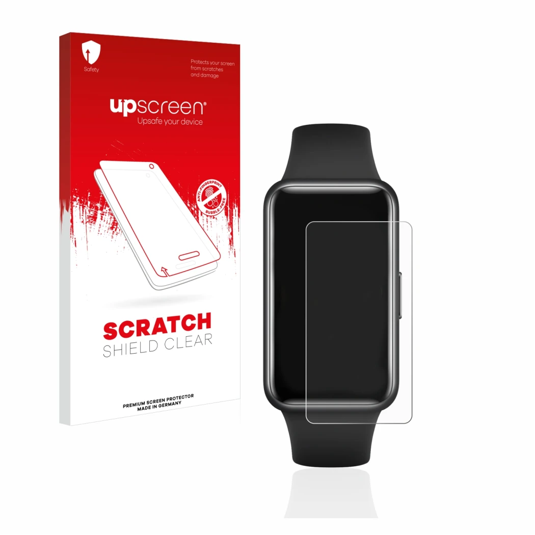 Vorderseite einer Produktverpackung mit dem Markenlogo upscreen. Daneben ist das Gerät Huawei Band 7 mit dem zugehörigen Displ