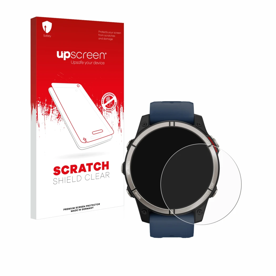 Vorderseite einer Produktverpackung mit dem Markenlogo upscreen. Daneben ist das Gerät Garmin quatix 7 mit dem zugehörigen Dis